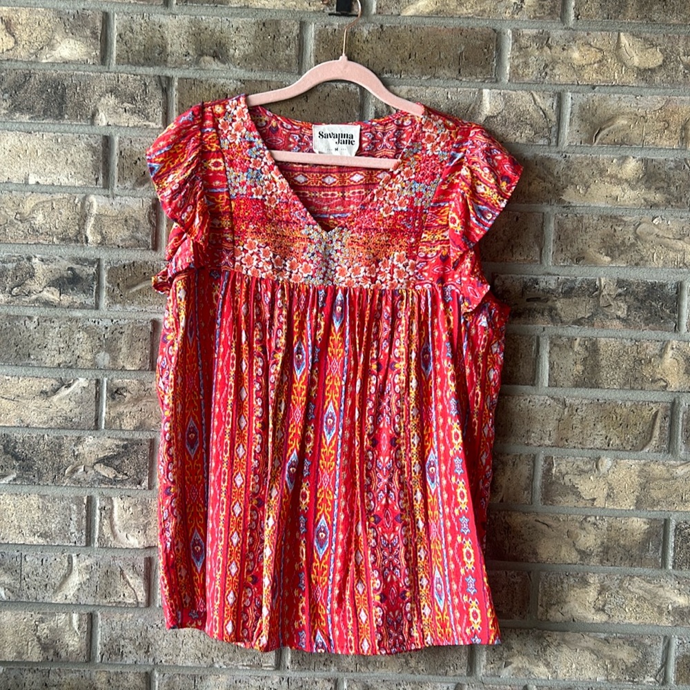 Samantha Jane red short sleeve blouse top Desert Festival size medium